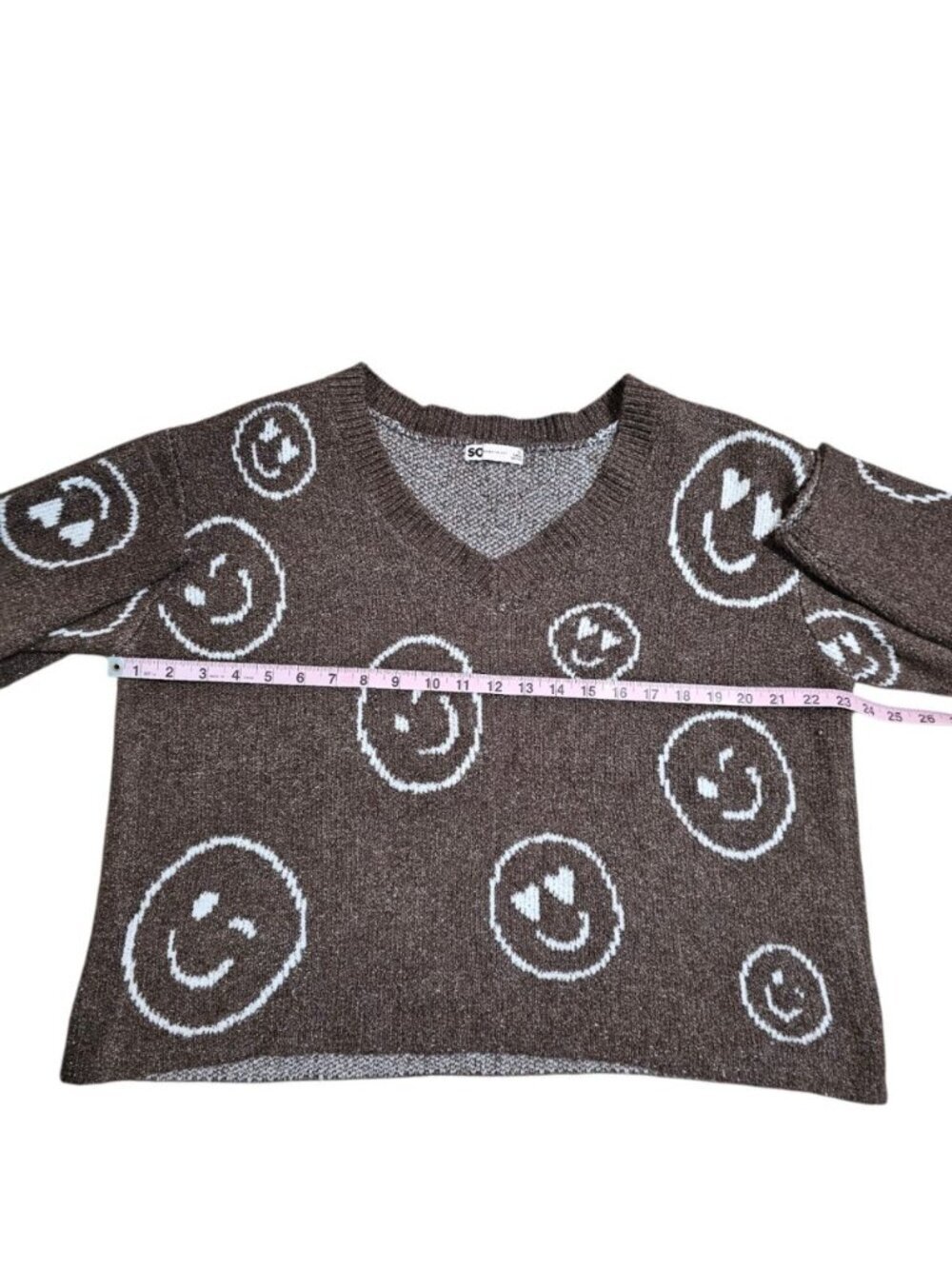 SO Goods For Life XL Brown V-Neck Sweater Smiley Face Print Y2K Retro Knit Top - Picture 5 of 6